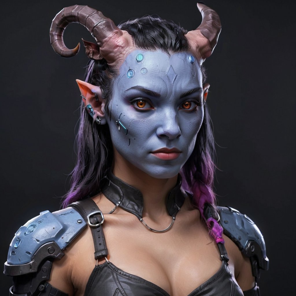 portraitart,portrait art style, realistic, female, (cyberpunk), inst4 style,Tiefling, pointed ears, horns, colored skin, Blue_skin