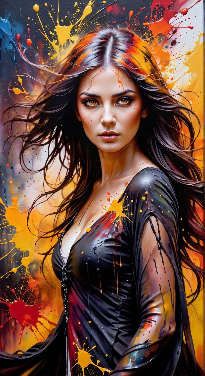 A dark fantasy portrait, dominated by warm hues of orange, yellow, and red. The artwork features splatters and blends of these vibrant colors, creating a sense of movement and energy. The entire canvas appears wet, with the colors merging and blending in various areas, forming a dynamic and fluid appearance. The overall atmosphere of the painting is mysterious and evocative, drawing the viewer into its hauntingly beautiful world., dark fantasy