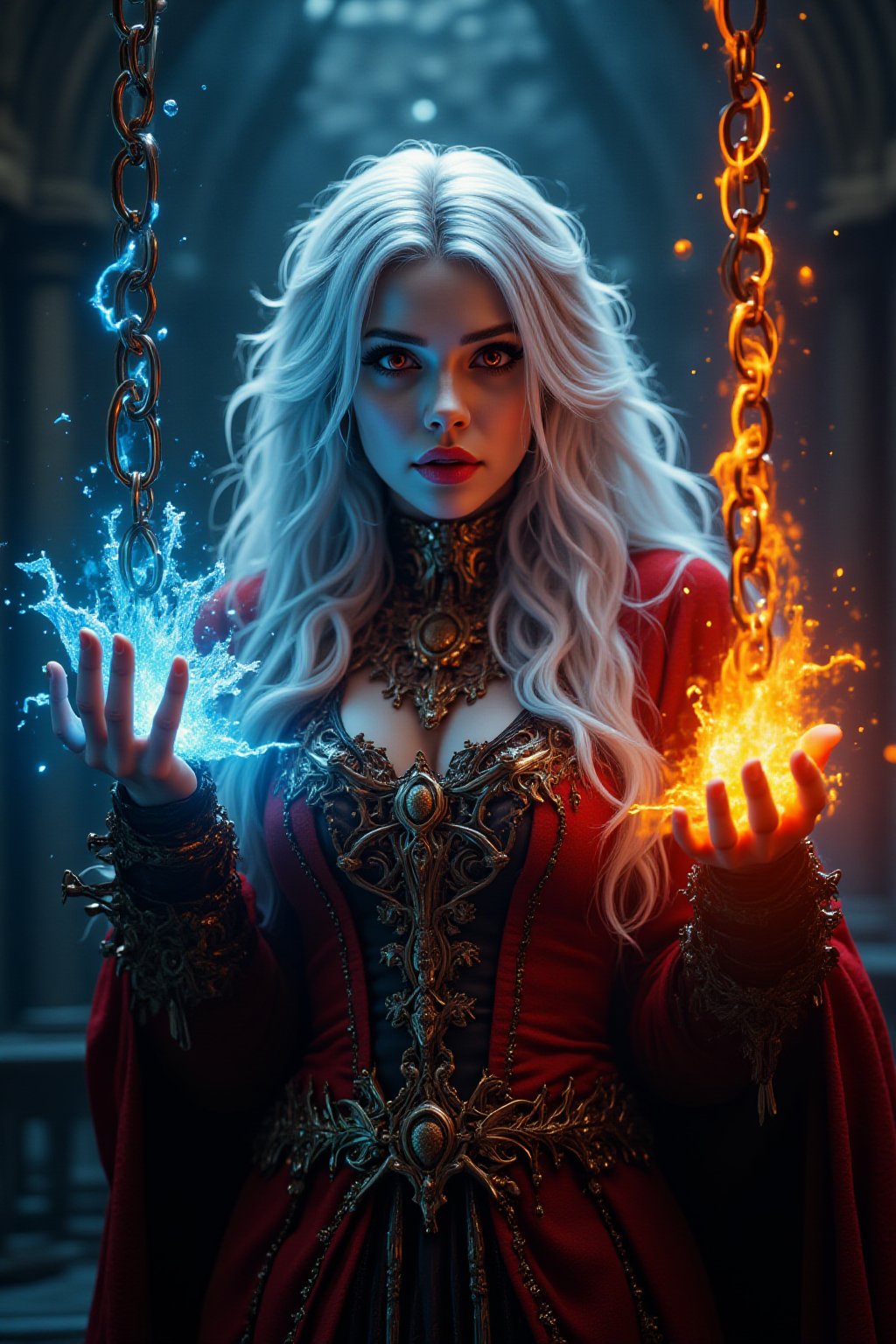 Midjourney style, Photorealism, Cinematic style, high fidelity, realism, chiaroscuro, play of shadow and light, rays of light.
photo of a vampire queen,left hand grasp a chain with ice effect,right hand grasp a chain with fire effect,she wearing a victoria period with red and light blue color,long white hair,red eyes,the chain **** from steel and it floating in the air,big chain,focus on chain,

