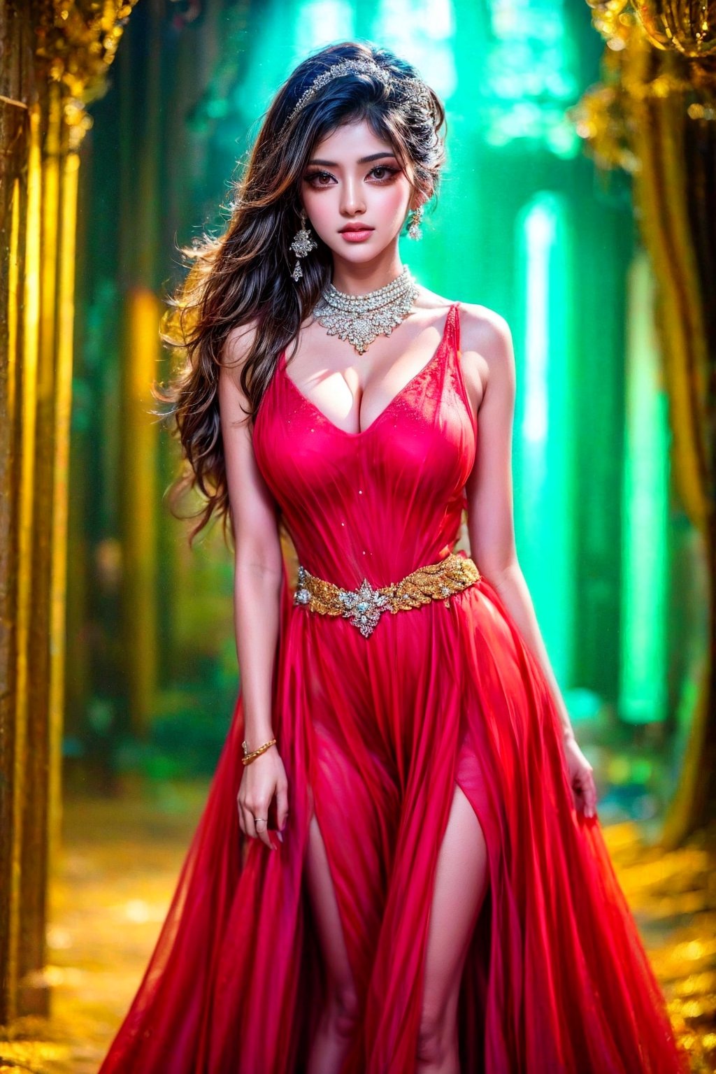 Beautiful girl in gorgeous exquisite deep neck ball gown, full body portrait, exposed_navel, hair accessories, jewelry, necklace, whimsical, stage light background, liquid light, masterpiece, best quality, clear focus, very detailed, 8k, golden ratio face, Perfect face, beautiful red  eyes, photorealistic,Future girl