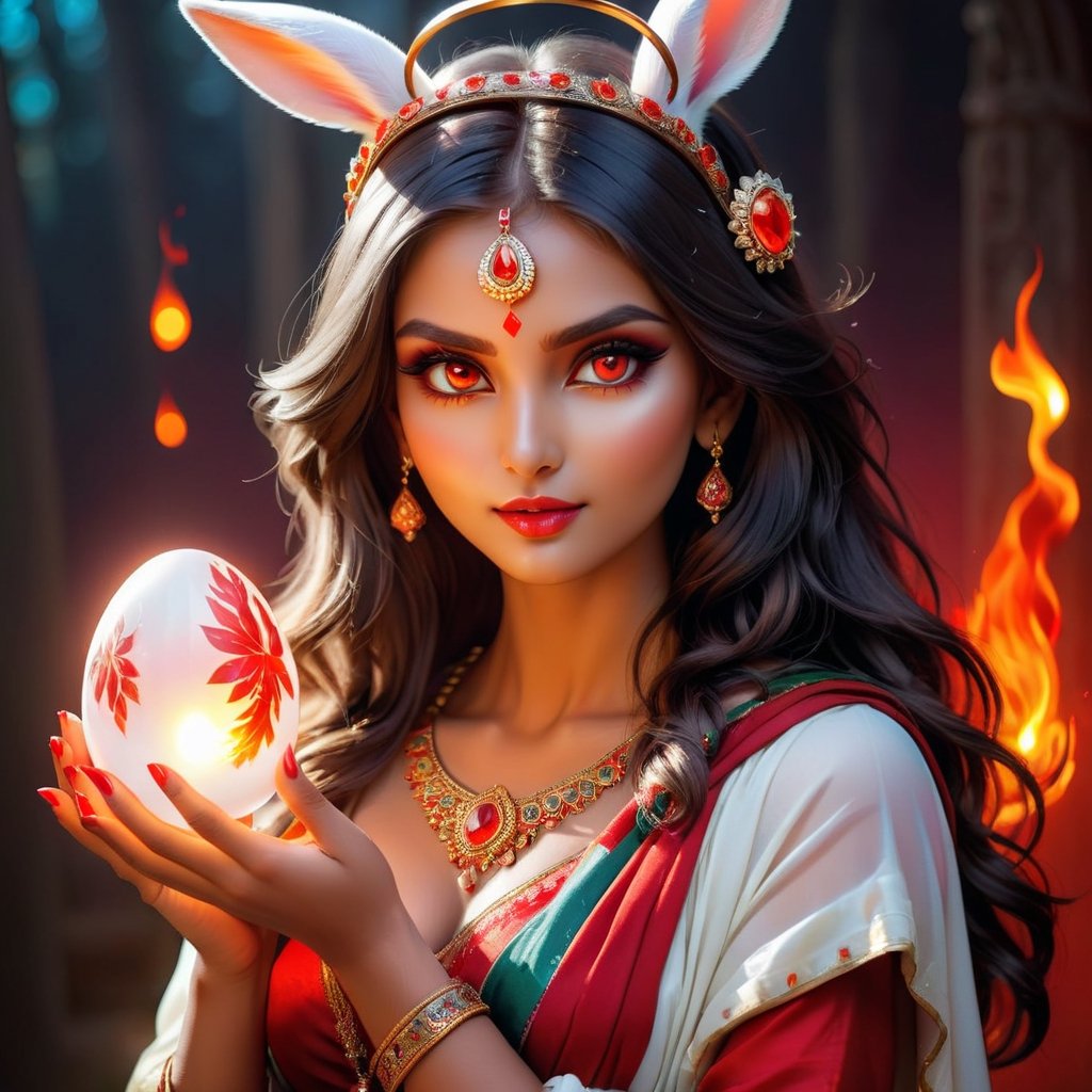 beautiful girl bunny, with a halo on her head, firey flaming red eyes, with a glowing bright crystal glass egg in her  hands,Indian Model