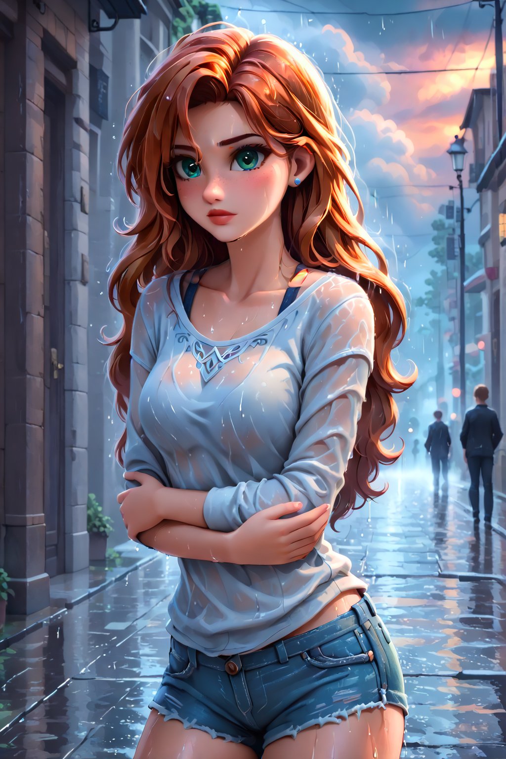 A 22-year-old redhead Indian girl, dressed in a white blouse with an open neckline and denim shorts, stands confidently on the rain-soaked streets of Moscow during a dramatic sunset. The warm orange hues of the sky contrast with the gray-blue rain clouds, creating a moody atmosphere. Her gaze is directed forward, her long hair blowing gently in the wind as she wears no umbrella, embracing the elements. The street's wet pavement glistens, reflecting the vibrant colors of the scene.