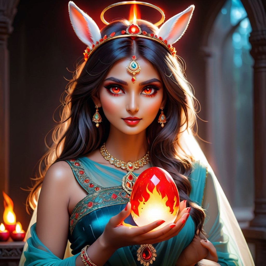 beautiful girl bunny, with a halo on her head, firey flaming red eyes, with a glowing bright crystal glass egg in her  hands,Indian Model