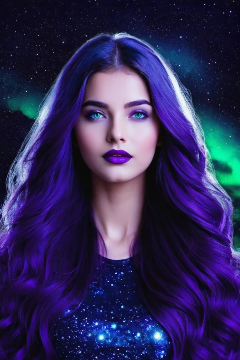 sky, cloud, Indian female Model, 19 year old , blue eyes, green lipstick, face makeup, long purple hair, wavy hair, night, star \(sky\), night sky, scenery, starry sky, space, purple theme