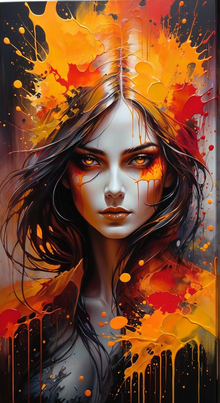 A dark fantasy portrait, dominated by warm hues of orange, yellow, and red. The artwork features splatters and blends of these vibrant colors, creating a sense of movement and energy. The entire canvas appears wet, with the colors merging and blending in various areas, forming a dynamic and fluid appearance. The overall atmosphere of the painting is mysterious and evocative, drawing the viewer into its hauntingly beautiful world., dark fantasy