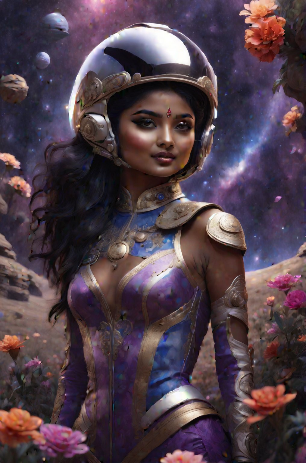 an Indian girl wearing sexy indian dress is standing in the middle of a field full of flowers and space rocks with his helmet on,outer space