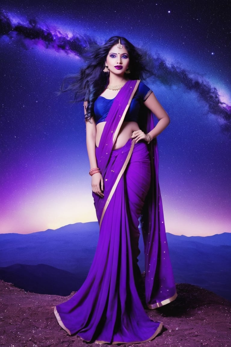 sky, cloud, Indian female Model, 19 year old , blue eyes, green lipstick, face makeup, long purple hair, wavy hair, full body, wearing sexy saree with tube blouse, night, star \(sky\), night sky, scenery, starry sky, space, purple theme