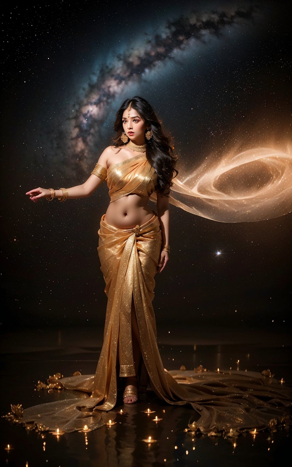 ((full body:1.4),(Ultra Long Exposure Photography)) An indian goddess lookin camera floats in the abyss of space, perfect cute face, sexy dress, reveling body, large_breast, deep cleavage , looking forward surrounded by a cosmic ocean of galaxies and nebulae that form unique constellations. The bubbles surrounding him contain fragments of knowledge and secrets of the universe. The shot is taken with an 18 mm wide-angle camera, in 8k photorealism, creating an image that evokes amazement and admiration at the immensity of the cosmos. Gold. ((lights of illumination) that add drama)