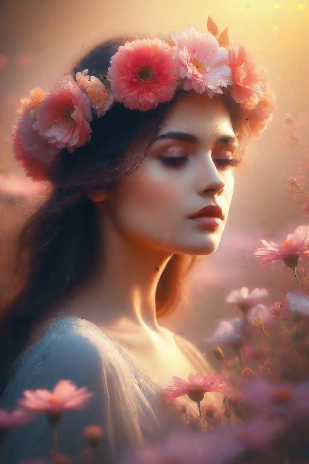 A serene, soft-focus portrait of a woman adorned with a delicate floral crown, set amidst a lush tapestry of blooming flowers. Her gentle features are bathed in warm, diffused light, radiating an otherworldly aura of ethereal beauty.