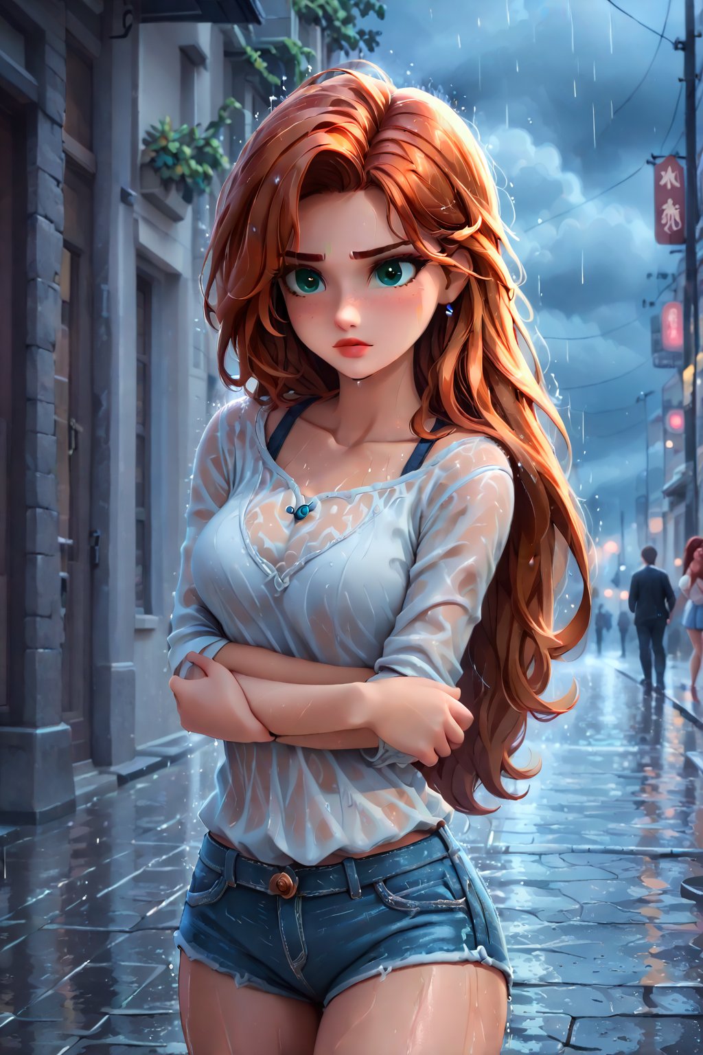 A 22-year-old redhead Indian girl, dressed in a white blouse with an open neckline and denim shorts, stands confidently on the rain-soaked streets of Moscow during a dramatic sunset. The warm orange hues of the sky contrast with the gray-blue rain clouds, creating a moody atmosphere. Her gaze is directed forward, her long hair blowing gently in the wind as she wears no umbrella, embracing the elements. The street's wet pavement glistens, reflecting the vibrant colors of the scene.