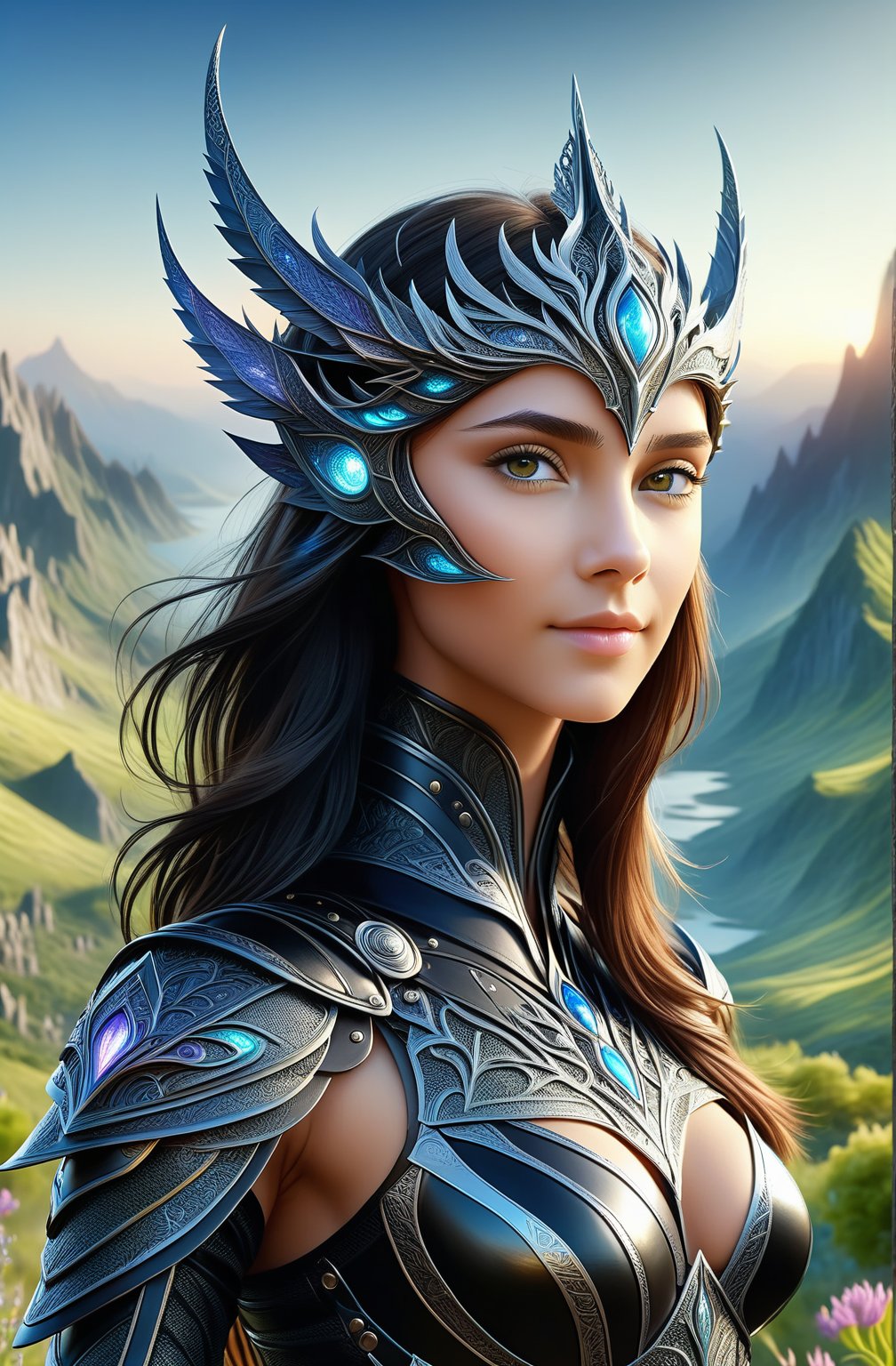 ultra realistic, best quality, cinematic, ultra detailed picture of beautiful female wearing an intricate form-fitting black leather armour and matching crown, ((boobs exposed)) perfect boobs, smiling, mountain landscape with a distant elvish city, outdoors, sharp focus, work of beauty and complexity invoking a sense of magic and fantasy, 8k UHD, colorful aura, glowing, upper body, very small breasts, looking at viewer, (((smooth lips, closeup))),Insta Model,style,DonMW15pXL