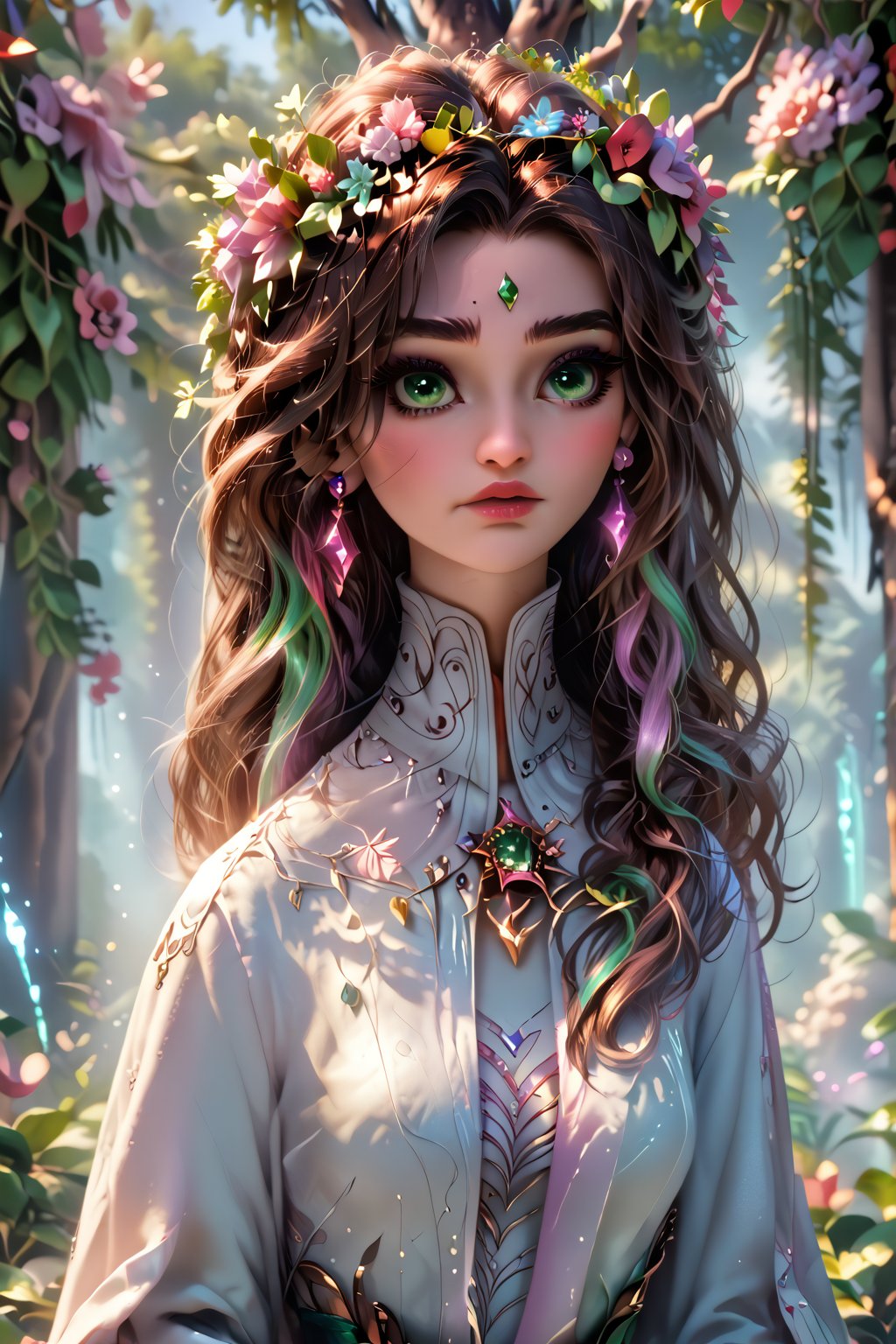  A beautiful indian woman, near a tree, holds a beautiful fluffy bird in her hands. The woman has a beautiful face, pale radiant skin, large emerald eyes, thick long eyelashes, makeup with an emphasis on the eyes. An outfit made of the texture of tree bark, brown hair intertwined with tree branches, earrings made of acorns, a green wreath of twigs and leaves. Photorealism, large 3d strokes, deep shadows, fantasy, delicate juicy colors, highlights, radiance, shine.