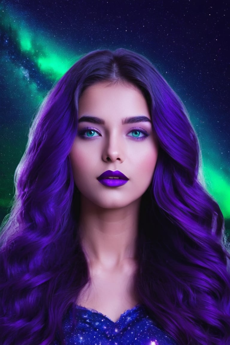 sky, cloud, Indian female Model, 19 year old , blue eyes, green lipstick, face makeup, long purple hair, wavy hair, night, star \(sky\), night sky, scenery, starry sky, space, purple theme