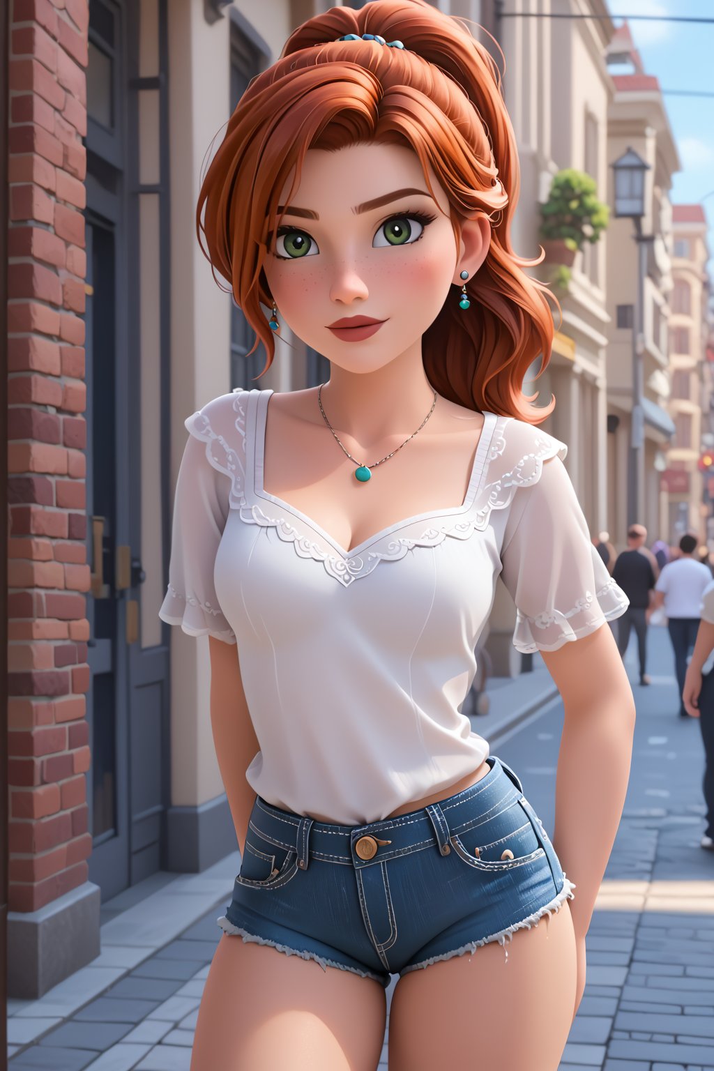 A 22-year-old redhead girl, dressed in a white blouse with an open neckline and denim shorts, stands confidently on the sunny streets of Moscow.