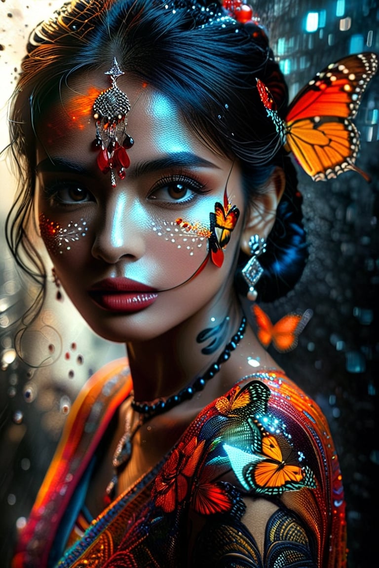 An indian woman , a queen who wishes becoming  a butterfly,  vivid palette,  moody lighting,  high resolution and contrast,  intricately textured and extremely detailed,  detailmaster2,  side-light,  best quality,  fine artwork,ink art,Clear Glass Skin, Indian beauty