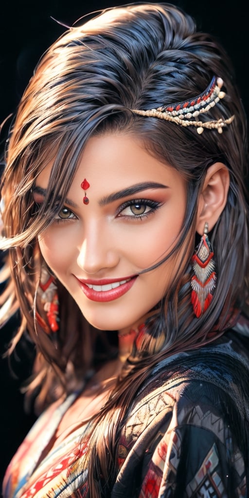 4k,best quality,masterpiece, beautiful Indian girl, 23 year old, (traditional Cherokee Indian costume, alluring smile, head ornaments 

(Beautiful and detailed eyes),
Detailed face, detailed eyes, double eyelids ,thin face, real hands, muscular fit body, semi visible abs, ((short hair with long locks:1.2)), black hair, black background,


real person, color splash style photo,
,Sexy Body,Princess,Cute Face