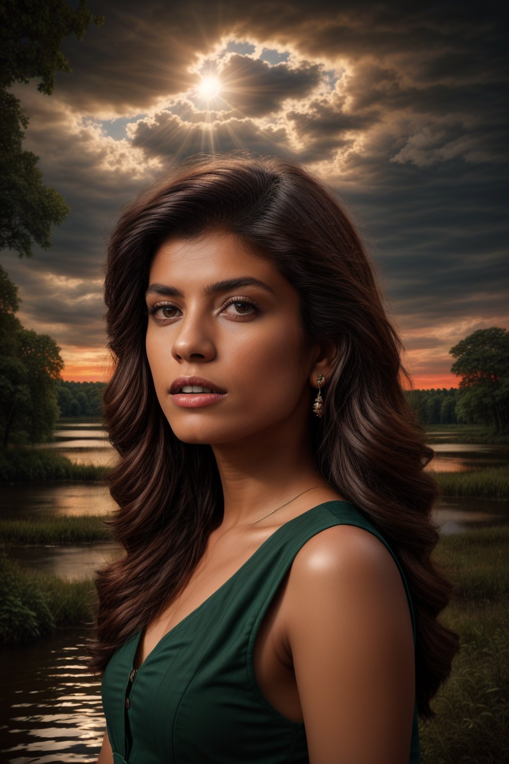 beautiful Indian girl, 23 year old, Best work, (Best quality, ,HDR, 8k, 32k, raw photo, photorealistic, UHD:1.2), beautiful 20 year old girl in mini black dress at the lakeside in a forest, green eyes, long brown hair, detailed face, perfect face, pond, dark sky, lights in the background, realism, red sky, detailed sky, realistic clouds, sun, bright environment, late afternoon, sun rays in the clouds,Indian Model