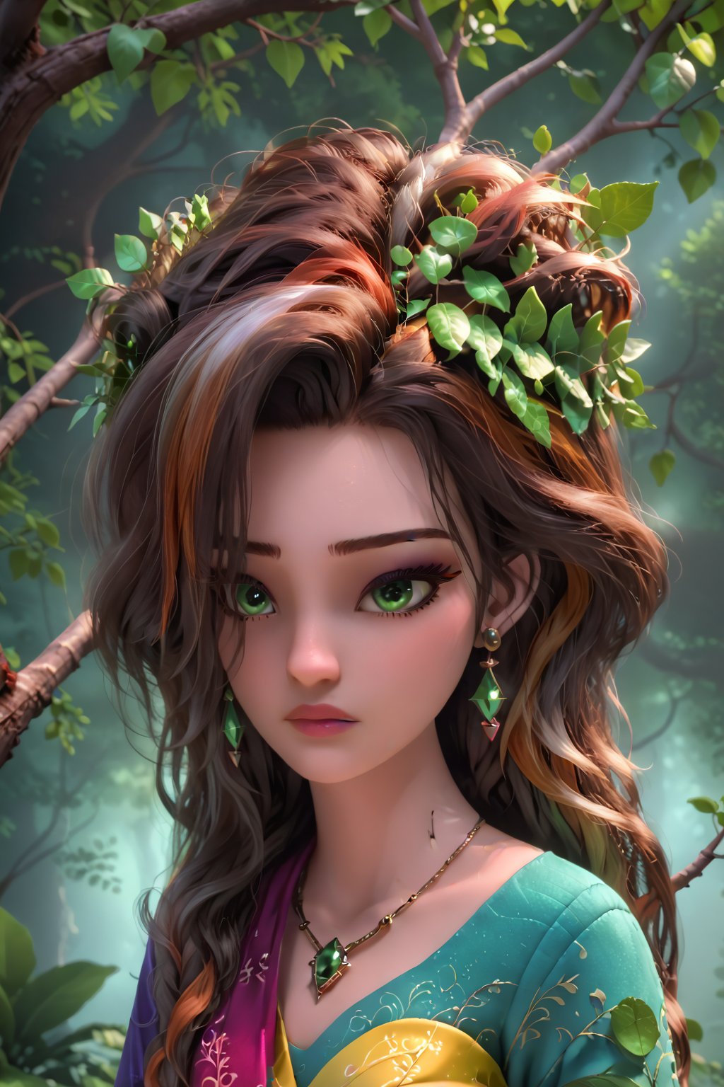  A beautiful indian woman, near a tree, holds a beautiful fluffy bird in her hands. The woman has a beautiful face, pale radiant skin, large emerald eyes, thick long eyelashes, makeup with an emphasis on the eyes. An outfit made of the texture of tree bark, brown hair intertwined with tree branches, earrings made of acorns, a green wreath of twigs and leaves. Photorealism, large 3d strokes, deep shadows, fantasy, delicate juicy colors, highlights, radiance, shine.