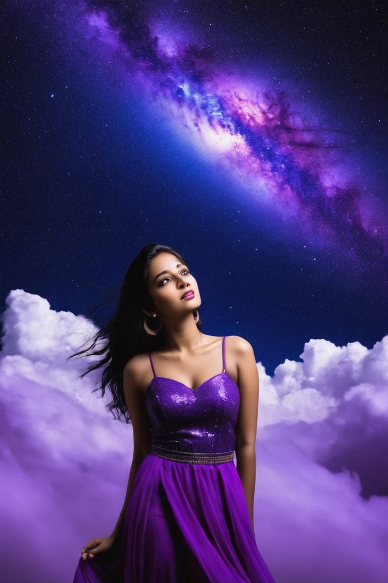 sky, cloud, Indian female Model, 19 year old , night, star \(sky\), night sky, scenery, starry sky, space, purple theme