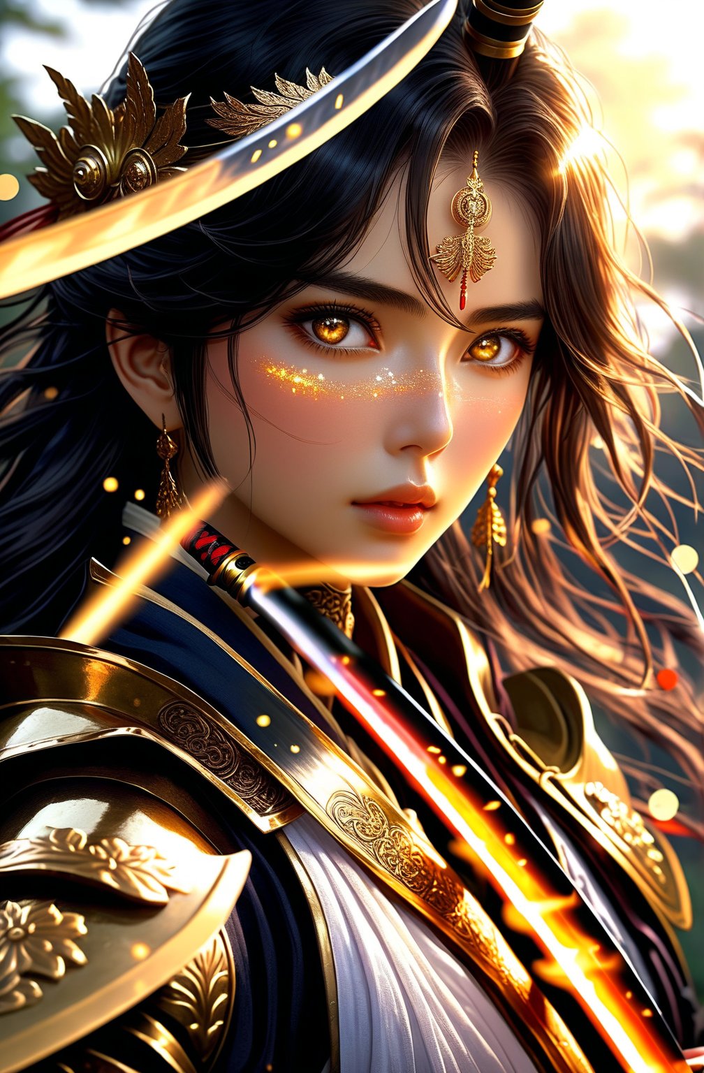 ((ufotable anime style)),(((Fete/ stay night))), ((2020's anime style)) , ((Japanese anime style)) , (Dark Souls 3) ~ ((Elden Ring )) ~ Sekiro~, (glowy eyes),holographic glow, light particles, hyperdetailed skin, 32k resolution, best quality, anime illustration,(anime digital artwork), ((anime screen cap)) , Understanding the perfect body structure, Draw the whole body precisely,defiant gaze shot on dslr camera , ultra detailed gorgeous, most beautiful war goddess woman with dark gray medium long hair and gold eyes, highly armored. blushing, teasing, Alluring, standing in the battle field. highly stylized. depth of field, bokeh effect, backlit, stylish, elegant, breathtaking, visually rich, masterpiece full body shot,hold a black katana,swords master




,Insta Model