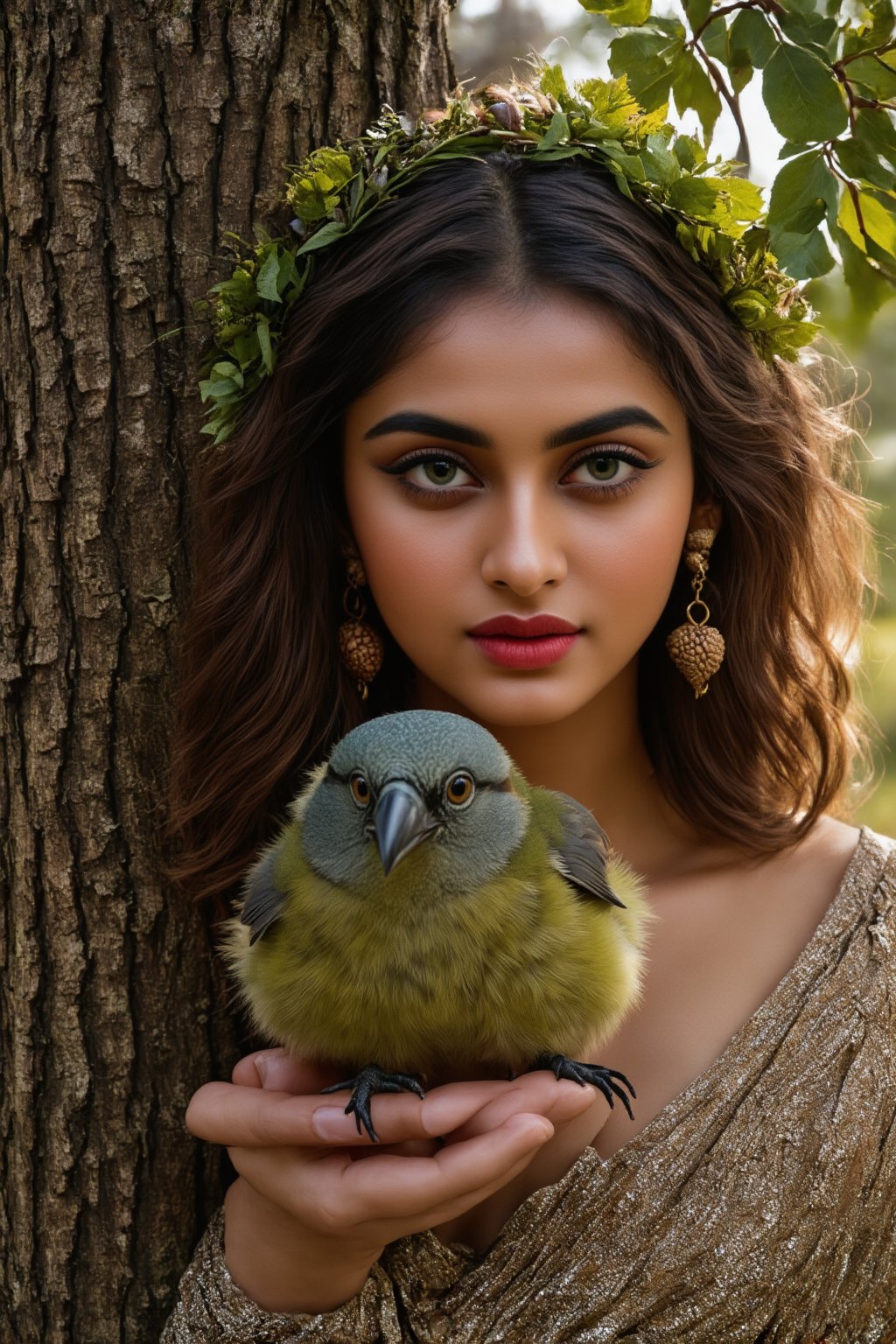  A beautiful indian woman, near a tree, holds a beautiful fluffy bird in her hands. The woman has a beautiful face, pale radiant skin, large emerald eyes, thick long eyelashes, makeup with an emphasis on the eyes. An outfit made of the texture of tree bark, brown hair intertwined with tree branches, earrings made of acorns, a green wreath of twigs and leaves. Photorealism, large 3d strokes, deep shadows, fantasy, delicate juicy colors, highlights, radiance, shine.