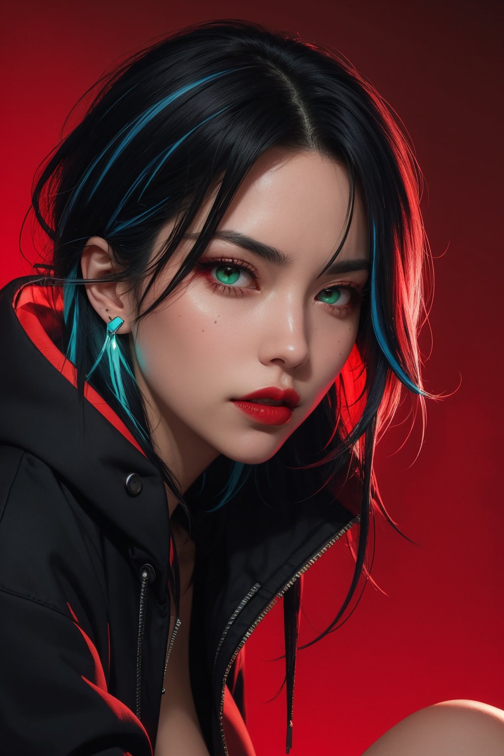 1 Girl, Angry Veins, Black Eyes, black hair, (highlights hair, blue streaked hair), green Eyes, Buttons, Ear Piercings, Cyberpunk Hoodie, Jewelry, Lips, Lipstick, Looking at Viewer, Colorful Hair, Red Lips, Simple Background, Solo, (Portrait, From the Thigh Up, Dynamic Angle: 1.2), Neon Lights, (Red Theme: 1.2), Dark Theme,sexy,latexsuit,d4sh4,@lekg_girl