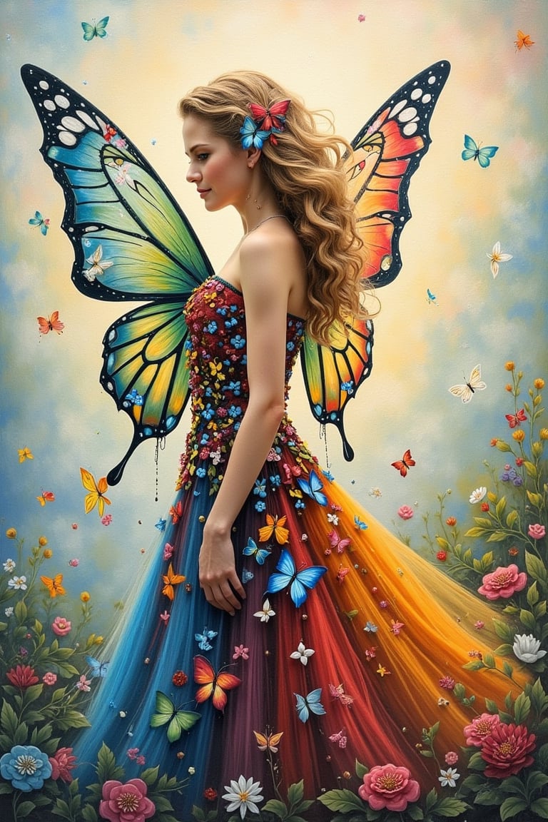 Acrylic painting of a fairy princess wearing a dress inspired by butterflies. Delicate, ethereal female figure with flowing hair and butterfly-like wings. Dress composed of vibrant butterfly patterns, colors, and textures. Painterly, textured style with visible brushstrokes and dripping paint effects. Soft, dreamy lighting illuminating the scene. Background has a hazy, atmospheric quality with hints of other fantastical elements. Splashes of color bleed and blend across the canvas. Intricate details in the fairy's features and ornate dress. Whimsical, imaginative, and visually striking.