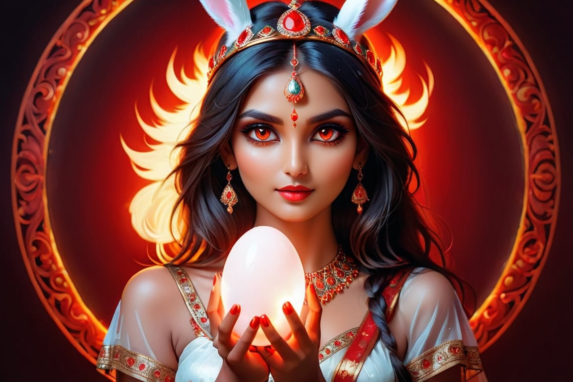 beautiful girl bunny, with a halo on her head, firey flaming red eyes, with a glowing bright crystal glass egg in her  hands,Indian Model