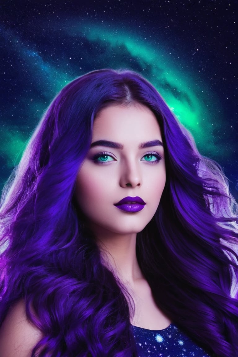 sky, cloud, Indian female Model, 19 year old , blue eyes, green lipstick, face makeup, long purple hair, wavy hair, night, star \(sky\), night sky, scenery, starry sky, space, purple theme