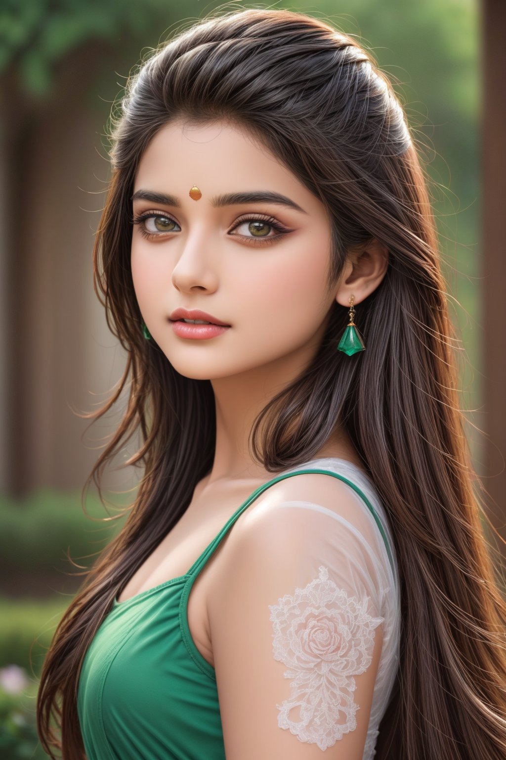 beautiful Indian girl, 23 year old, hyper detailed masterpiece, dynamic realistic digital art, awesome quality,subtle wonderland wonderscape,piercing queen's rose garden,watercolor brush hollow soft particles,singularity, entangled,uninhibited,darkened,emerald,fragment,wispish,irregular,combustion,ageless,Indian