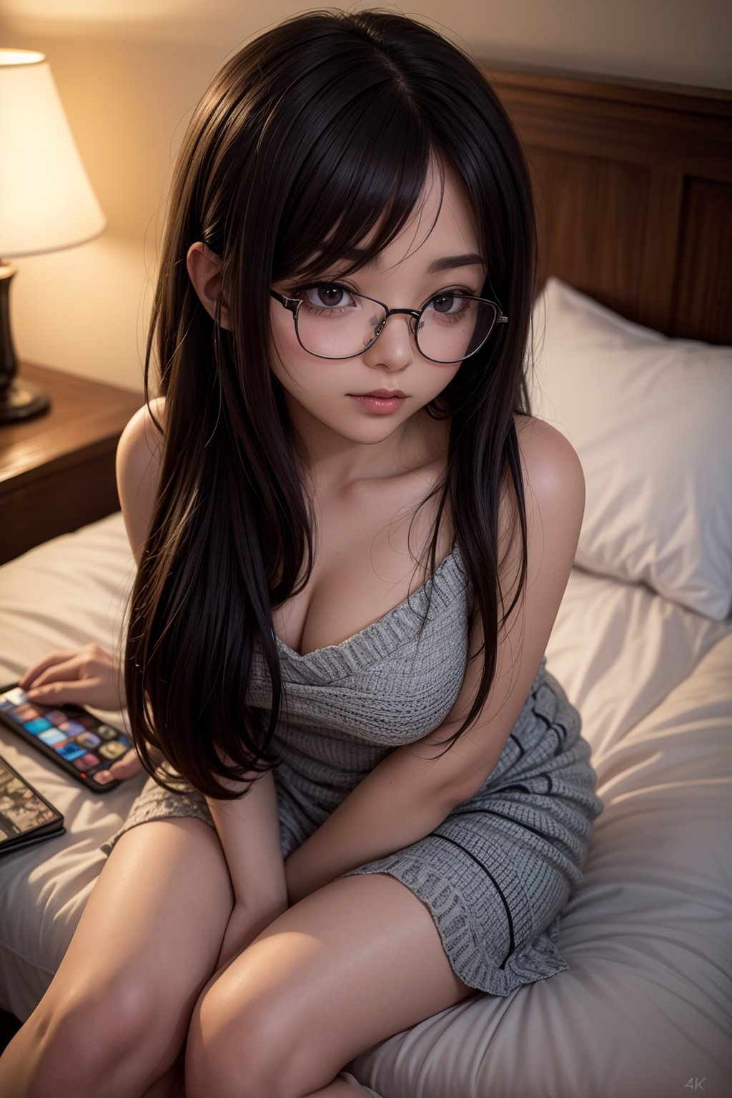 In a dimly lit bedroom, a stunning portrait of a kawaii beauty with dark bobbed hair and glasses dominates the frame. She sits comfortably on a plush bed, sweat glistening on her skin as she gazes directly at the viewer. The ultra-high resolution 8K camera captures every detail, from the subtle curves of her features to the intricate patterns on her clothes. This masterpiece is a testament to the artist's skill in capturing beauty and intimacy.