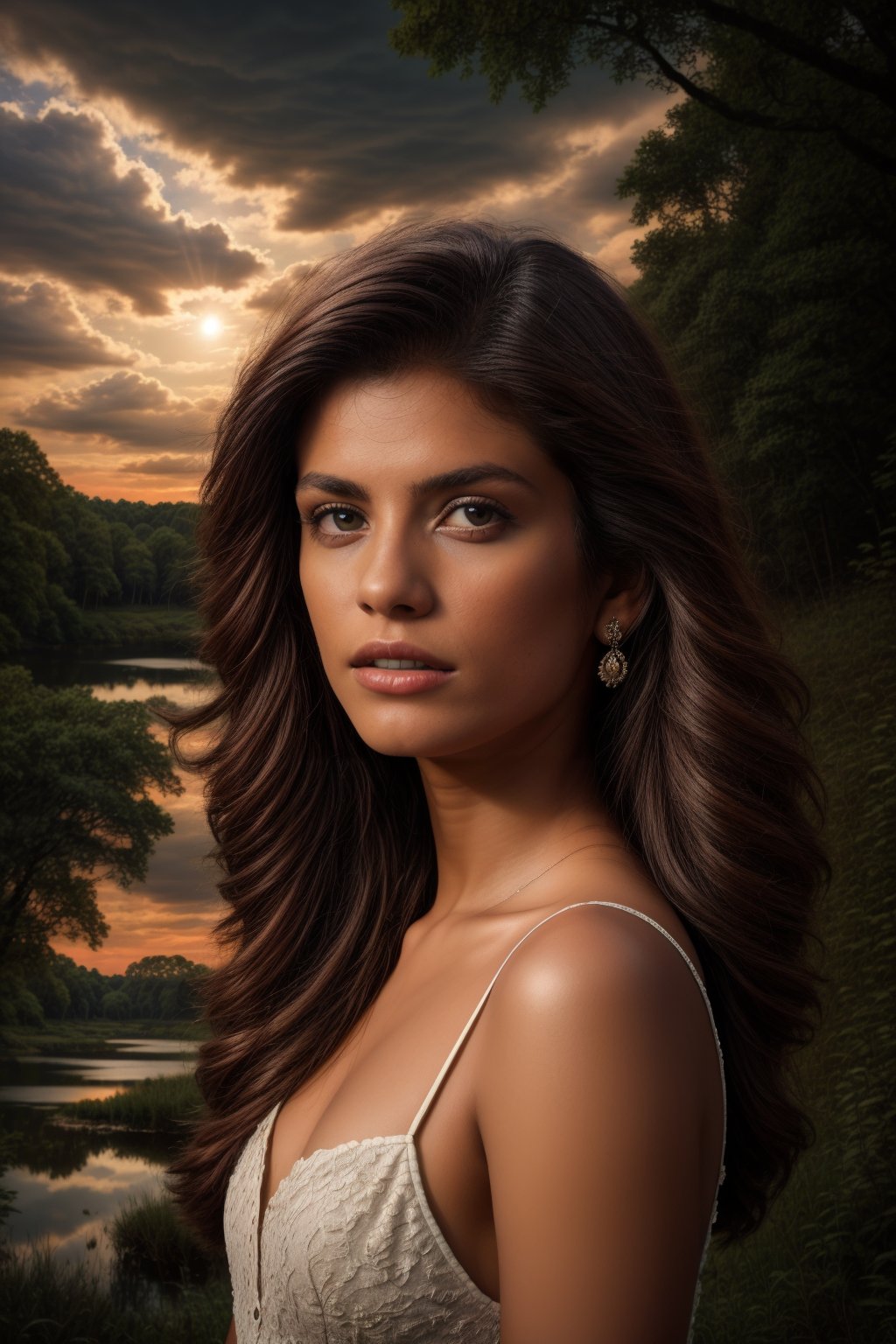 beautiful Indian girl, 23 year old, Best work, (Best quality, ,HDR, 8k, 32k, raw photo, photorealistic, UHD:1.2), beautiful 20 year old girl in mini black dress at the lakeside in a forest, green eyes, long brown hair, detailed face, perfect face, pond, dark sky, lights in the background, realism, red sky, detailed sky, realistic clouds, sun, bright environment, late afternoon, sun rays in the clouds,Indian Model