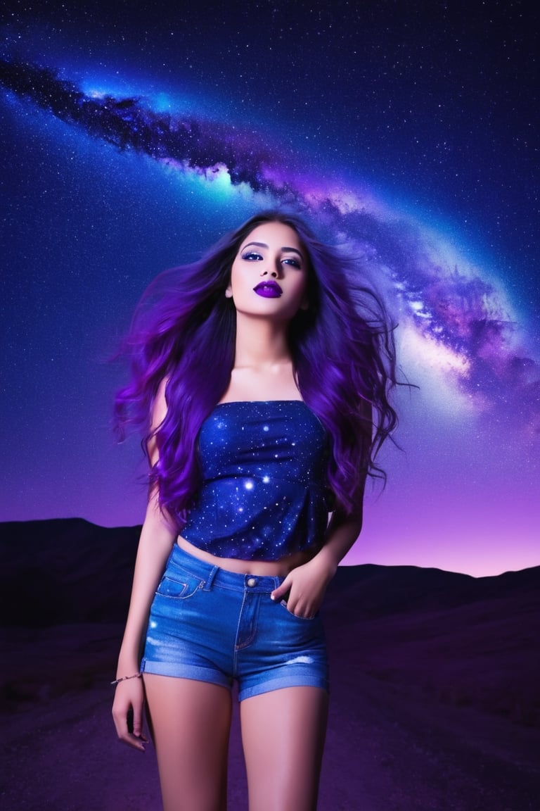 sky, cloud, Indian female Model, 19 year old , blue eyes, green lipstick, face makeup, long purple hair, wavy hair, hall body, wearing sexy  tube blouse and denim short , night, star \(sky\), night sky, scenery, starry sky, space, purple theme