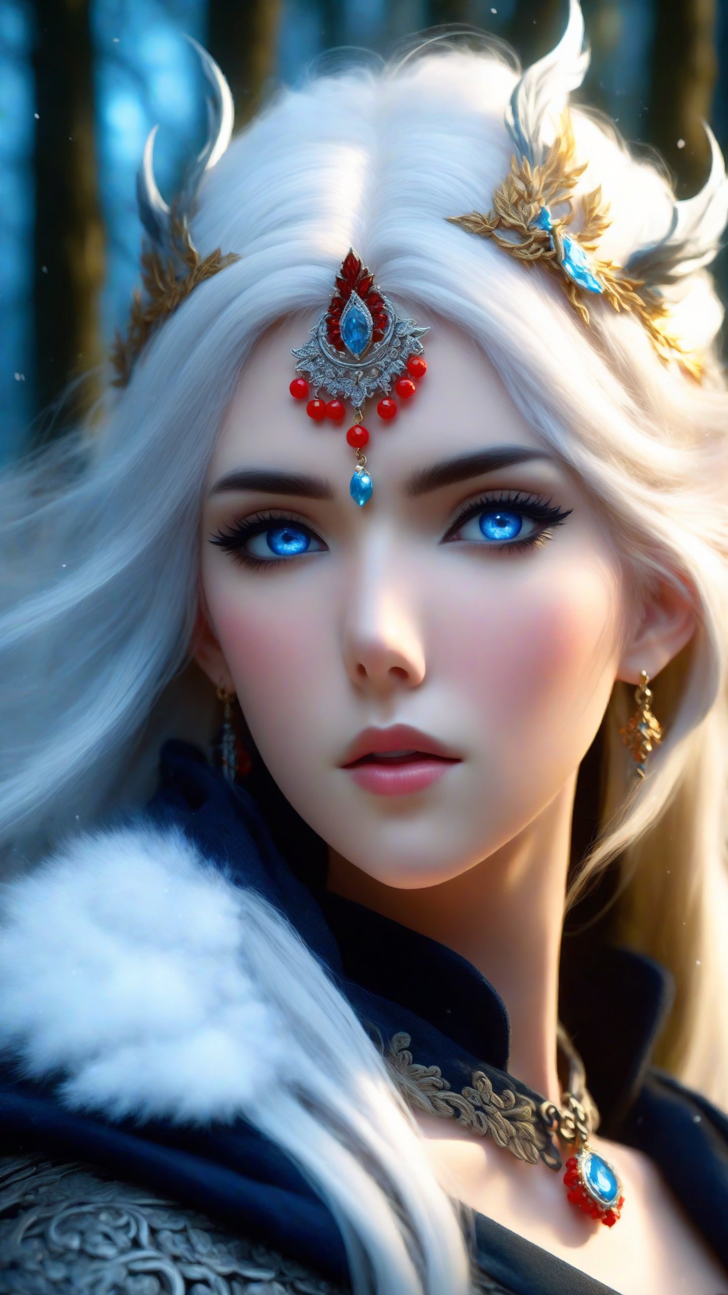 A fierce female warrior fighting in a snowy forest, in Medieval cloak, fur trimmed cloak, long hair, looking at viewer, blue eyes, simple background, (hair ornament), gem, tassel, hair between eyes, jewelry, upper body, earrings, lips, fur trim, eyelashes, portrait, beads, emo, (sharp eyes:1.4), (rebellious:1.4), (fierce:1.4), (standing: 1.2), silver-white hair, Gothic make-up, tough, wild. Kyoto Animation stylized anime, cinematic Lighting, ethereal light, intricate details, extremely detailed, incredible details, full colored, complex details, insanely detailed and intricate, hyper maximalist, gorgeous light and shadow, detailed decoration, detailed lines. Masterpiece, best quality, aerial view, HDR, UHD, unreal engine. looking at the camera, dark Fantasy background, representative, fair skin, beautiful face,A beautiful girl, blonde hair, dynamic character, detailed exquisite face, bold high quality, high contrast,art_booster,DonMS4kur4XL,DonMW15pXL