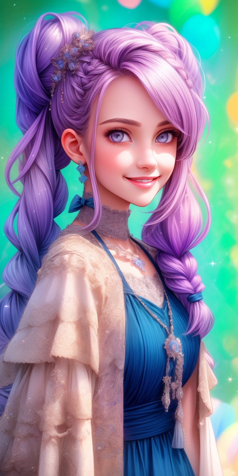 Ultra realistic nordic girl,beautiful grey eyes,smile, superbly crafted braided hairstyles,amazingly intricate braids woven with riibbons,7 colorful hair colors,each braided twintails painstakingly created and decorated with delicate ribbons and accessories.,aesthetic,Rainbow haired girl ,Realistic gray Eyes,flat chested,1 girl,midjourney