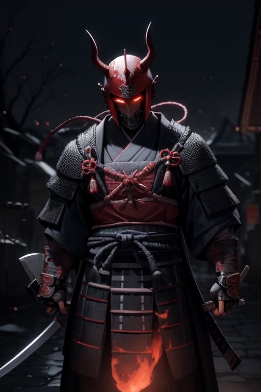 red night, 10th century, samurai with demon helmet, black sword,
