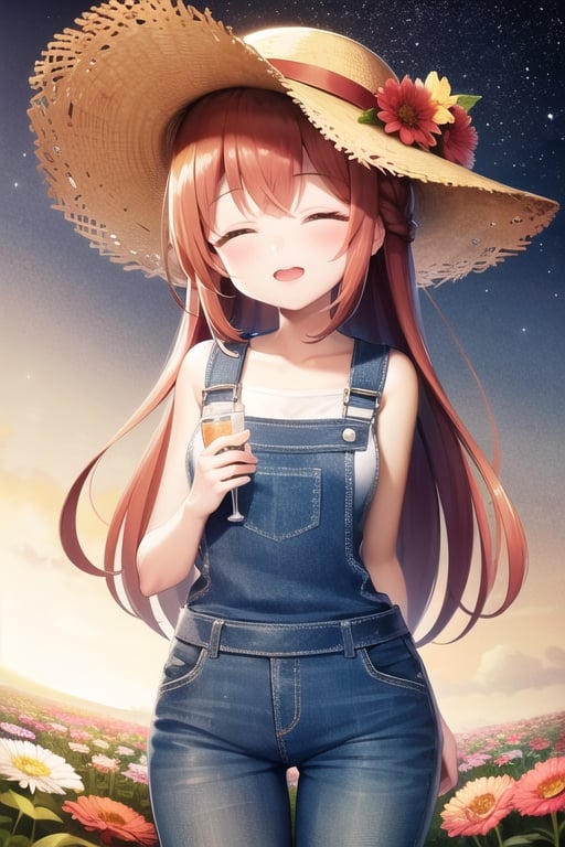 High quality, Fluidity, 1girl, Red hair, fair skin, rosy cheeks, closed eyes, straw hat, overalls, Girl smelling flowers, flower field, starry sky,