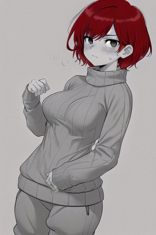 1Woman, short hair, red hair, medium breasts, sweater, Sweatpants, Monochrome, grayscale