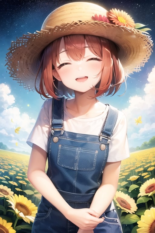 High quality, Fluidity, 1girl, Red hair, fair skin, rosy cheeks, closed eyes, straw hat, overalls, Girl smelling flowers, flower field, starry sky,