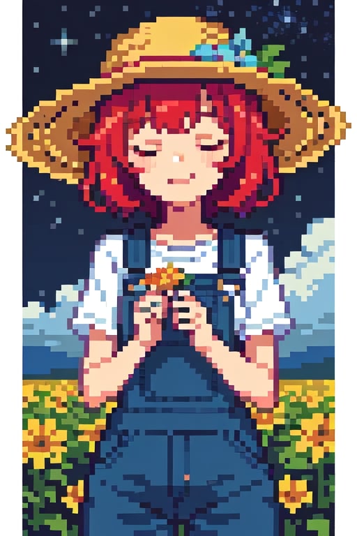 Pixel art, High quality, HD, 4K, 1girl, Red hair, fair skin, rosy cheeks, closed eyes, straw hat, overalls, Girl smelling flowers, flower field, starry sky,