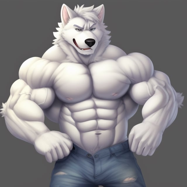 a furry white wolf that all he's muscles body it's grow up and all the clothes were ripped