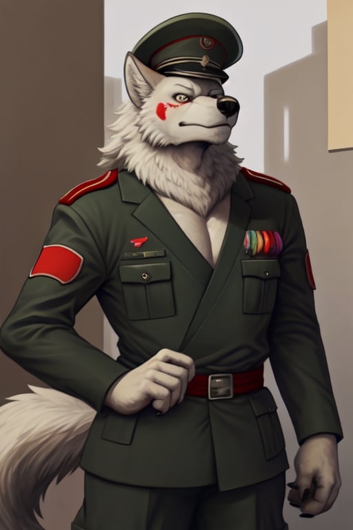 anthro,veiny muscular,white wolf,WW2 Japan soldier uniform,animal hands,WW2 Japan soldier hats