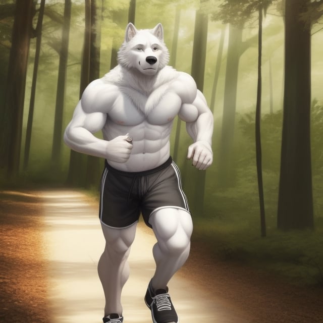 a strong muscular naked furry white wolf that jogging in the morning at forest path and just wearing a headphone and short pants
