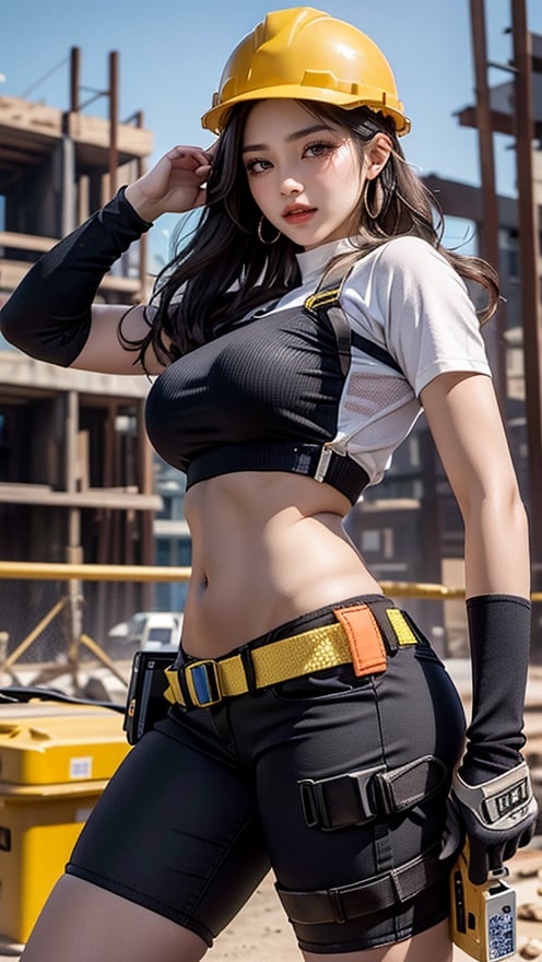 1 girl, real girl, Cowboy shot, clean face, detailed face, smiling, dynamic pose, changing pose, dynamic angle, jewelry, Field:1.5, ass-length long hair, navel, stomach, earrings, Construction Worker's Gear,  safety helmet, tool belt, fingerless gloves,     
 background construction site,