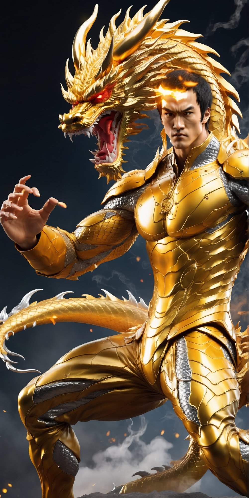 Angry dragon Bruce Lee soldier character, anthropomorphic figure, wearing futuristic mecha soldier armor and weapons, reflection mapping, realistic figure, hyperdetailed, cinematic lighting photography, 32k uhd with a golden staff, red lighting on suit, golden dragon,golden dragon