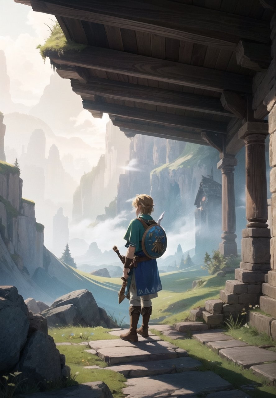 ((Masterpiece in maximum 4K resolution, with a style inspired by the epic universe of Zelda Tears of the Kingdom, fusing elements of adventure and fantasy.)) | In a magical kingdom shrouded in tears, the legendary hero, Link, takes the lead role. The scene unfolds with Link in the center, with his back to the viewer, looking at a horizon full of challenges and mysteries. His greenish cloak flutters gently in the wind, while the Triforce glows in his hand. | The composition highlights the immensity of the kingdom, with Link occupying the center of the image. The angle, subtly tilted, adds an aura of mystery and expectation to the scene. | Dramatic lighting highlights Link's profile and the surrounding landscape, creating a contrast between light and shadow that highlights the game's epic atmosphere. Effects such as motion blur and reflected light add dynamism to the image. | Link, the hero back in "Zelda Tears of the Kingdom", with his back to the viewer, facing a magical kingdom full of challenges and secrets. | {The camera is positioned very close to him, revealing his entire figure as he assumes a dynamic pose, interacting with and leaning against a structure in the scene in an exciting way.} | He takes a dynamic pose, boldly leaning on a structure, his cloak flowing in the wind, creating an engaging and mysterious atmosphere, | ((More Detail, ultra_detailed, Enhance)),