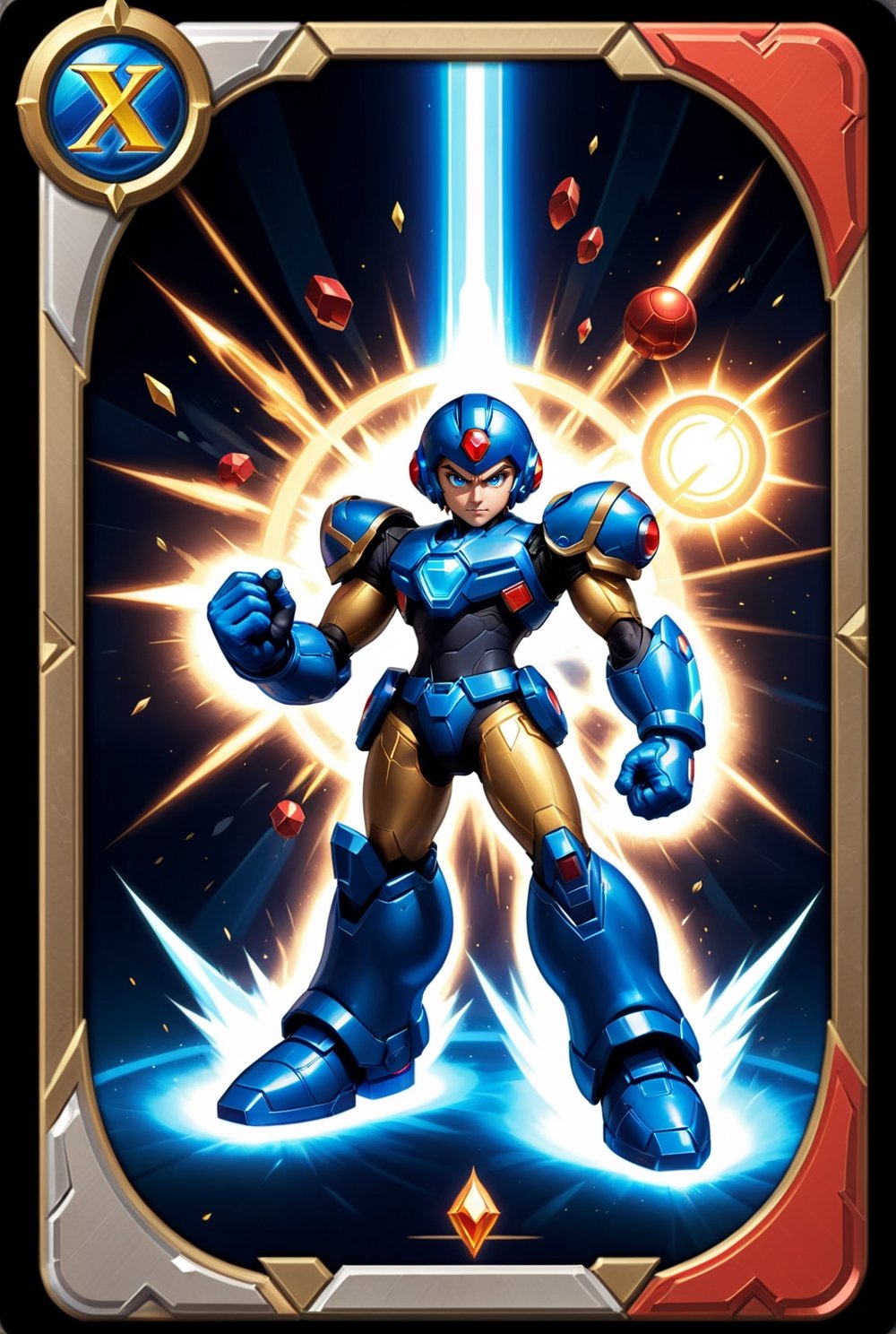 ((Masterpiece in 4K resolution, style inspired by Hearthstone card back design and the Mega Man X universe, with custom border and in-game items, optimized for the dimensions of the vertical card back image)). | Vertical trading card back representing the Mega Man The design features Mega Man X in an iconic pose, surrounded by iconic weapons such as the X-Buster and other signature elements from the games. | The background of the card back features a subtle metallic texture and light effects that resemble the environment of the Mega Man . | Balanced and symmetrical composition, with Mega Man X as the focal point, adjusted according to the proportions of the image on the back of the vertical card and integrating the customized border with game items. | Vibrant lighting and strong contrasts, with light and shadow effects that enhance the metallic appearance and design details, while maintaining legibility and visual impact across vertical letter dimensions. | Hearthstone card back inspired by the Mega Man X universe, with custom border and in-game items, carefully sized to the dimensions of the image on the vertical card back. | ((perfect_design, perfect_composition, perfect_layout)), ((perfect_detail, perfect_texture)), ((perfect_composition, perfect_design, perfect_layout, perfect_detail, ultra_detailed)), (((enhance_details, correct_imperfections))), More Detail, Enhance