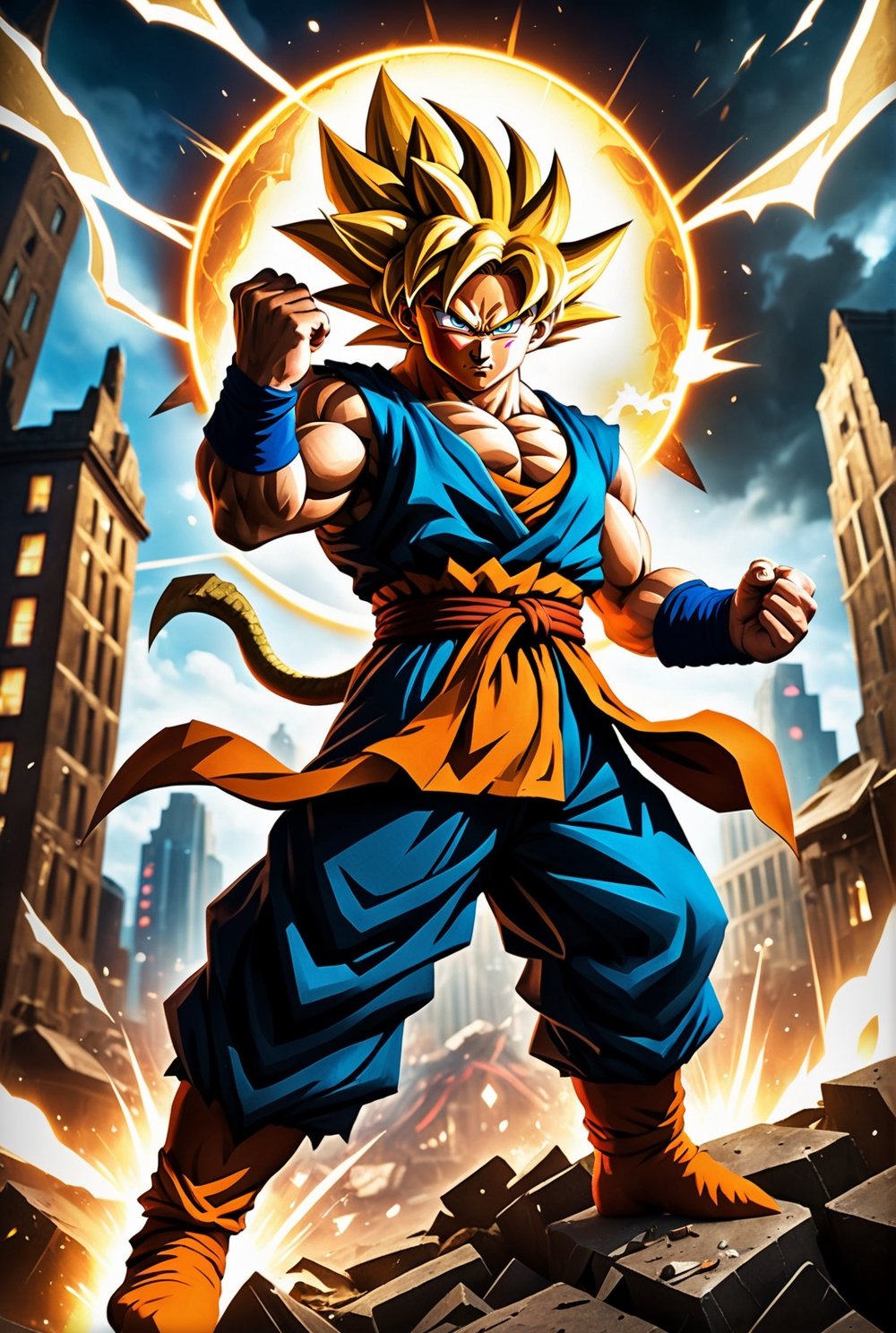 ((Masterpiece in 4K resolution, style inspired by Hearthstone card design and the Dragon Ball universe, featuring Goku transformed into a Super Saiyan with a background of a destroyed city at night)). | Trading card depicting Goku in his Super Saiyan form, with bristling golden hair and intense eyes, as he prepares to launch a powerful attack. Rays of energy and a glowing aura surround the character, enhancing his power. | The background of the card features a nighttime scene of a destroyed city, with damaged buildings, scattered debris and smoke, while the dark sky is illuminated by the moon and the energies of battle. The icons and details typical of Hearthstone cards are present, harmonizing the overall design. | Dynamic composition with Goku in the center, highlighting his aggressive pose and the sensation of movement. | Dramatic lighting, with cold tones and strong contrasts, deep shadows and light effects that highlight the character's powerful appearance and the chaotic environment of the destroyed city. | Hearthstone Card of Goku transformed into a Super Saiyan, ready for battle in the background of a city devastated by night. | ((perfect_design, perfect_composition, perfect_layout)), ((perfect_detail, perfect_texture)), ((perfect_composition, perfect_design, perfect_layout, perfect_detail, ultra_detailed)), (((enhance_details, correct_imperfections))), More Detail, Enhance