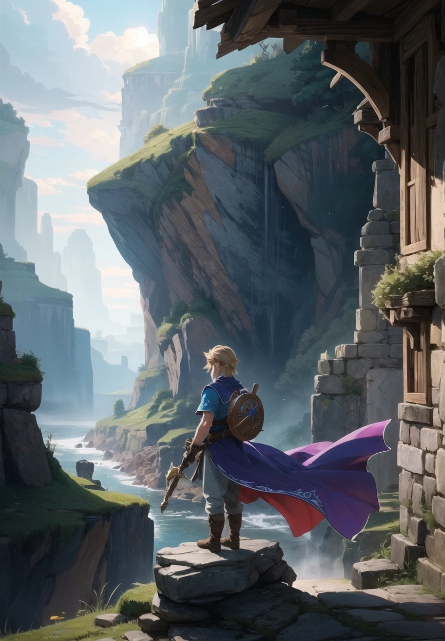 ((Masterpiece in maximum 4K resolution, with a style inspired by the epic universe of Zelda Tears of the Kingdom, fusing elements of adventure and fantasy.)) | In a magical kingdom shrouded in tears, the legendary hero, Link, takes the lead role. The scene unfolds with Link in the center, with his back to the viewer, looking at a horizon full of challenges and mysteries. His greenish cloak flutters gently in the wind, while the Triforce glows in his hand. | The composition highlights the immensity of the kingdom, with Link occupying the center of the image. The angle, subtly tilted, adds an aura of mystery and expectation to the scene. | Dramatic lighting highlights Link's profile and the surrounding landscape, creating a contrast between light and shadow that highlights the game's epic atmosphere. Effects such as motion blur and reflected light add dynamism to the image. | Link, the hero back in "Zelda Tears of the Kingdom", with his back to the viewer, facing a magical kingdom full of challenges and secrets. | {The camera is positioned very close to him, revealing his entire figure as he assumes a dynamic pose, interacting with and leaning against a structure in the scene in an exciting way.} | He takes a dynamic pose, boldly leaning on a structure, his cloak flowing in the wind, creating an engaging and mysterious atmosphere, | ((More Detail, ultra_detailed, Enhance)),