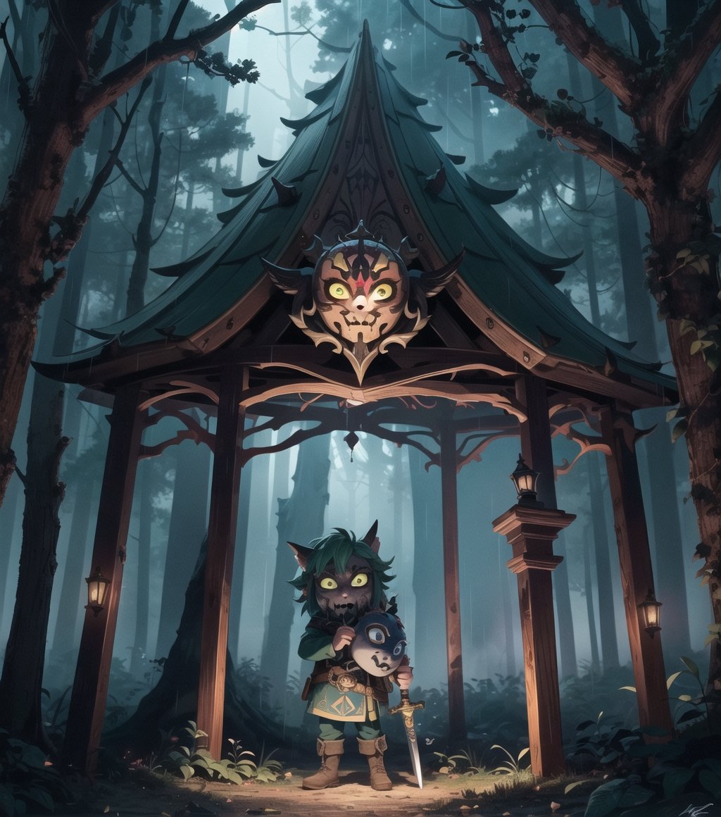 (Masterpiece in maximum 16K resolution, illustration style inspired by The Legend of Zelda Majora's Mask, with touches of horror and macabre.)) | Link is in the macabre forest, wearing Majora's Mask on a night of heavy rain. He is dressed in his signature green tunic, but the mask gives him a sinister and frightening appearance. | The forest is dense and dark, with gnarled trees and rotting leaves scattered across the ground. Heavy rain creates a gloomy and oppressive atmosphere, while lightning lights up the sky every now and then. | The composition of the scene is dynamic, with camera angles that emphasize the feeling of fear and despair. Link is in a defensive pose, holding his sword and shield, while looking around with expressionless eyes. | The lighting effect is dark, with cold lights and deep shadows that create a dramatic contrast and enhance the horror atmosphere. | Link using Majora's Mask in a macabre forest at night, raining heavily. | {The camera is positioned very close to him, revealing his entire body as he assumes an exciting pose, interacting with and leaning against a structure in the scene in an exciting way.} | He takes a (((exciting pose as he interacts, boldly leaning on a structure, leaning back in an exciting way))), (((((full-body_image))))), ((perfect_pose, perfect_anatomy, perfect_body)), ((perfect_finger, perfect_fingers, perfect_hand, perfect_hands, better_hands)1.0), ((More Detail, ultra_detailed, Enhance)).,